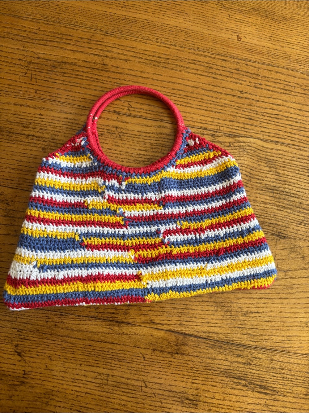 J. Crew Multicolor Striped Crochet Tote with Red Ring Handles